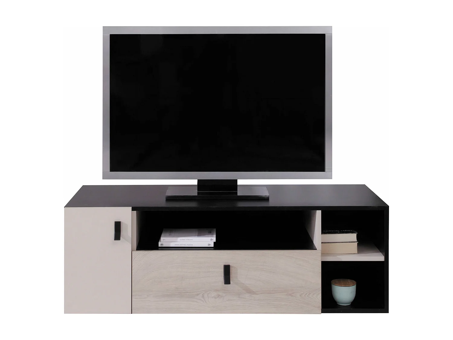 Meuble TV Camteso 108, Chêne|Noir|Beige, Le nombre de portes: 1, Nombre de tiroirs: 1,