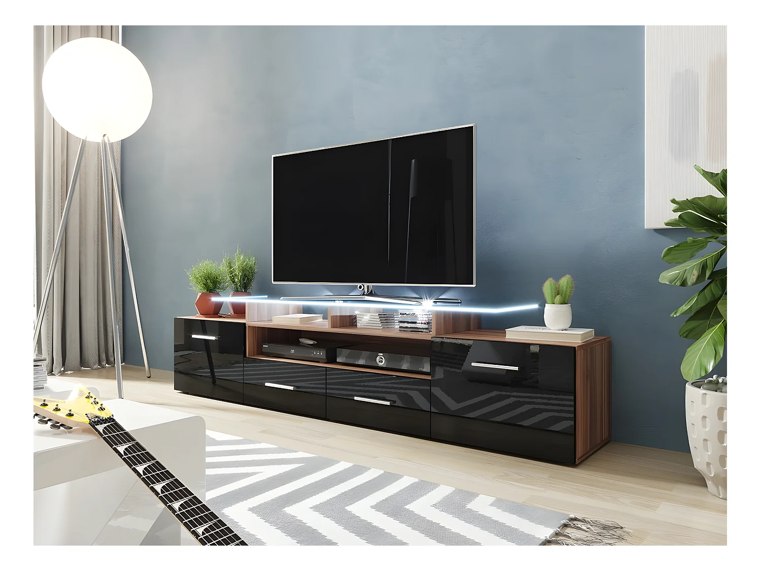 Mobile porta TV Charlotte 117, Nero lucido|Prugna, Il numero di porte: 2.00, 194x38x39cm
