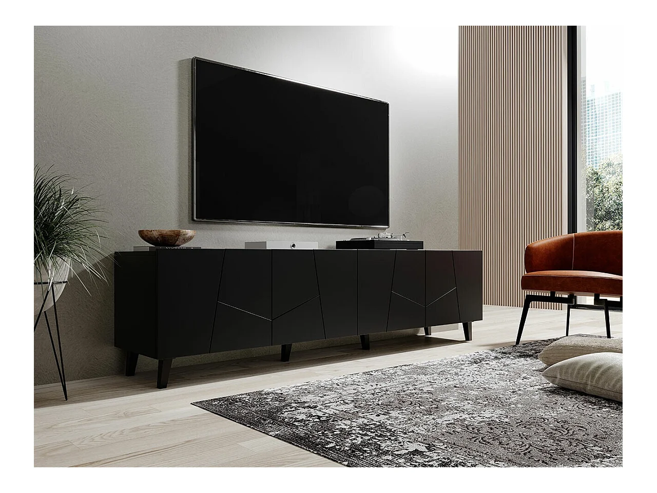 Meuble TV Charlotte 181, Noir, Le nombre de portes: 4, 201x53x42cm