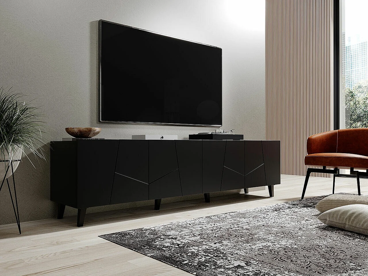 Meuble TV Charlotte 181, Noir, Le nombre de portes: 4, 201x53x42cm