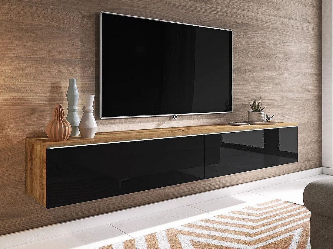 Mueble TV Sarasota 121, Negro brillante|Wotan roble, Número de puertas: 2.00, 180x30x33cm