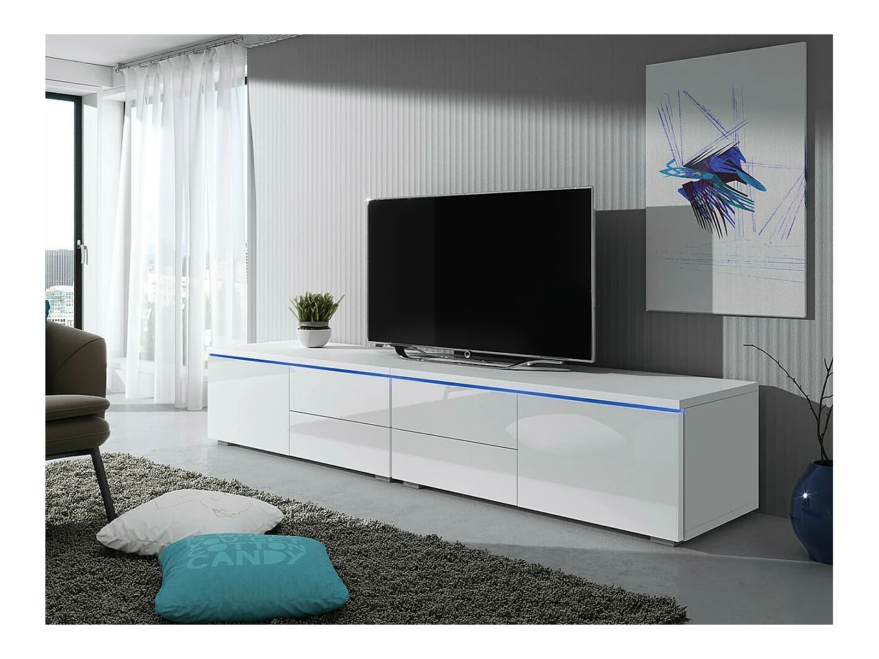 Mueble TV Nashville 129, Blanco|Blanco brillante, Número de puertas: 2.00, 200x35x45cm