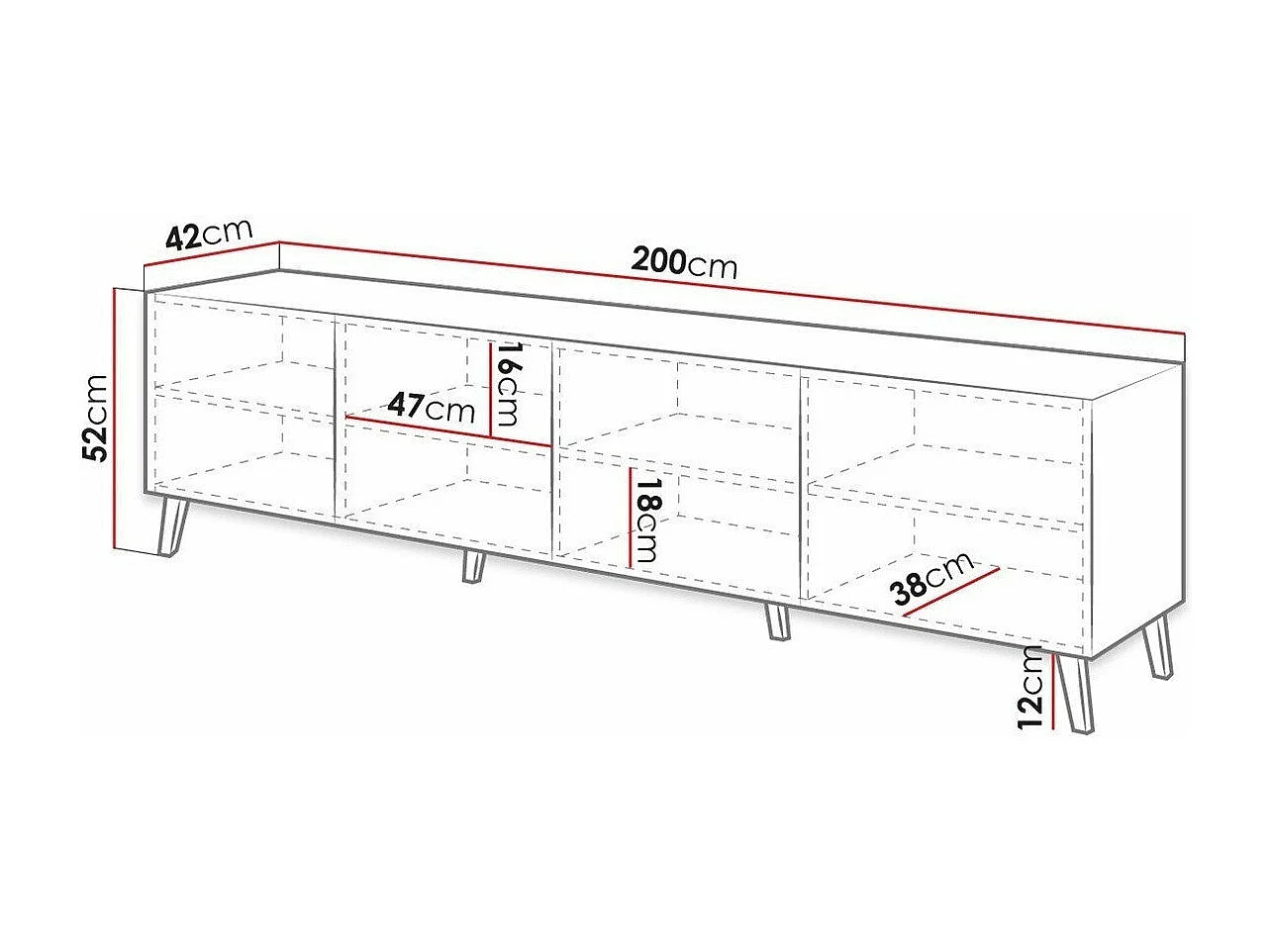 Mesa para TV Charlotte 145, O número de portas: 4, 200x52x42cm