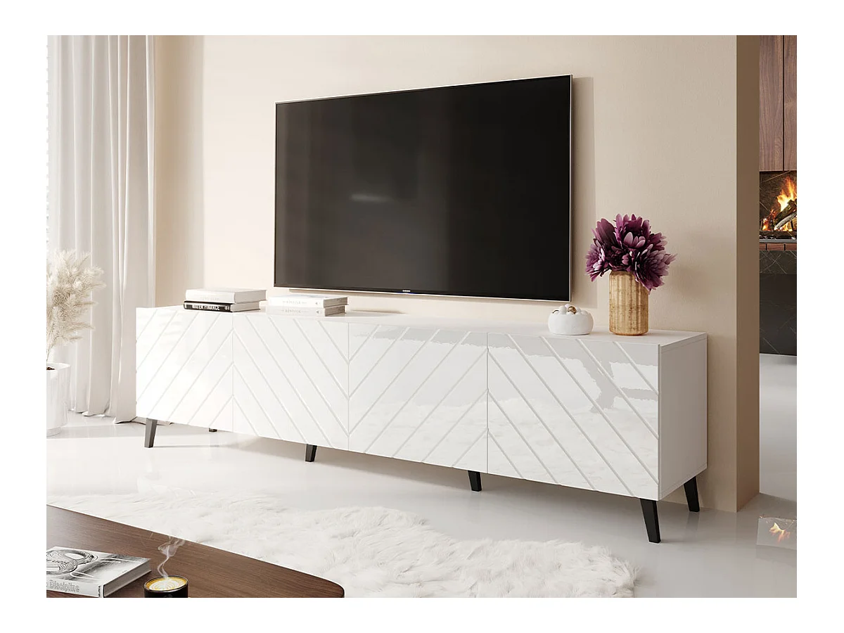 Meuble TV Charlotte 145, Blanc brillant|Blanc, Le nombre de portes: 4, 200x52x42cm