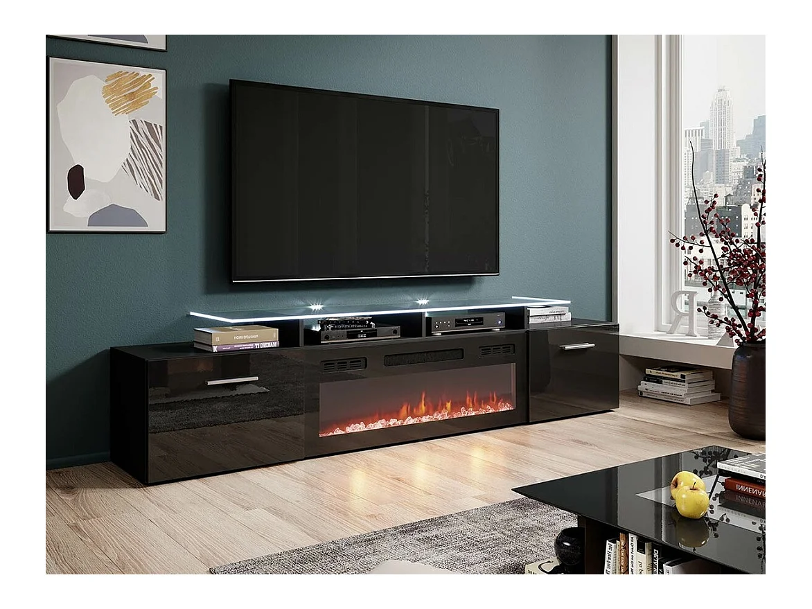 Meuble TV Charlotte 155, Noir brillant|Noir, Le nombre de portes: 2, 190x49x37cm