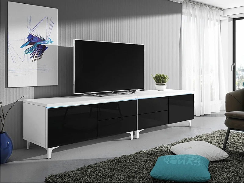 Mueble TV Nashville 128, Blanco|Negro brillante, Número de puertas: 2.00, 200x43x45cm
