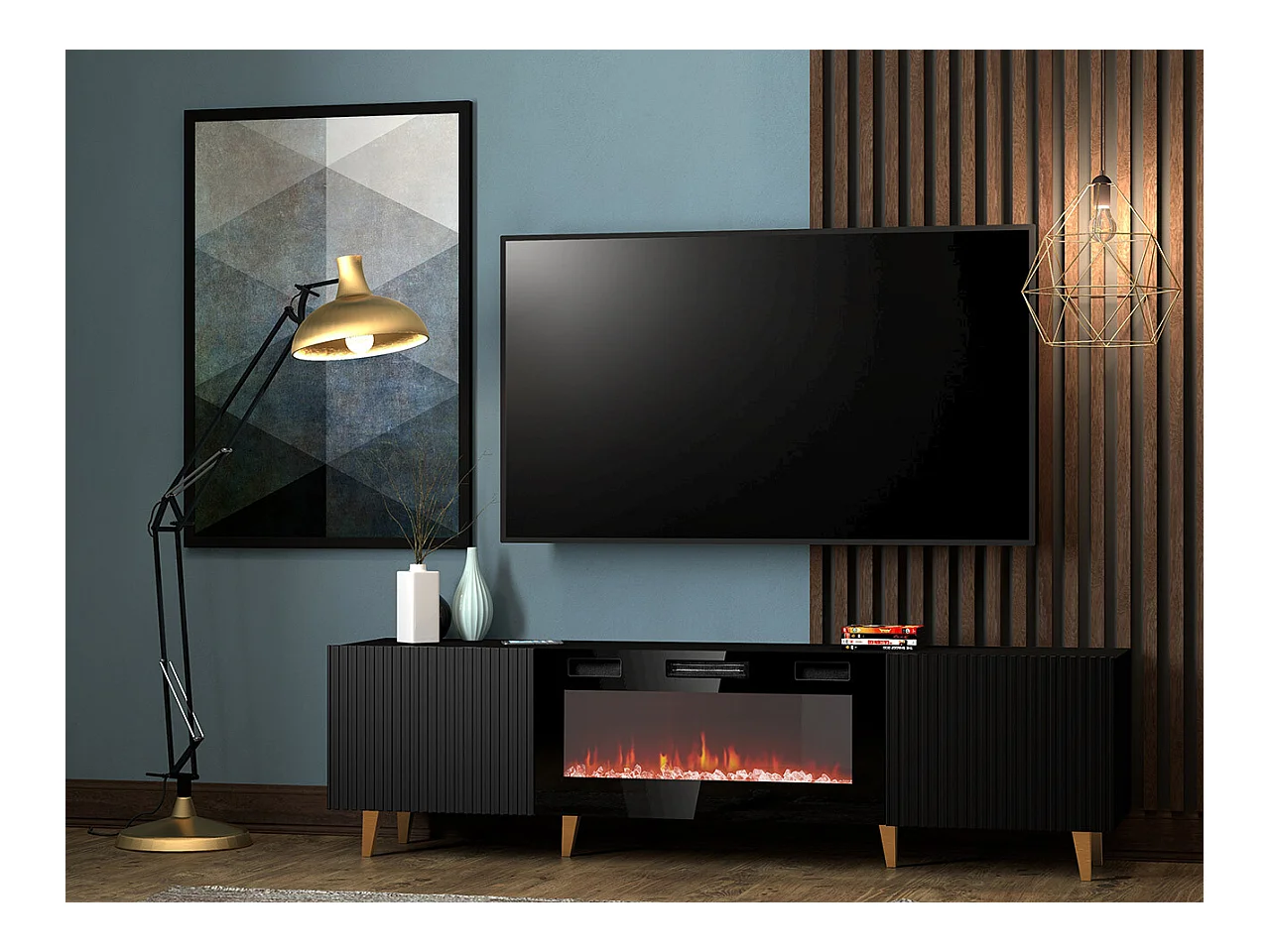 Meuble TV Levmari 106, Doré|Noir, Le nombre de portes: 2, 181x49x40cm