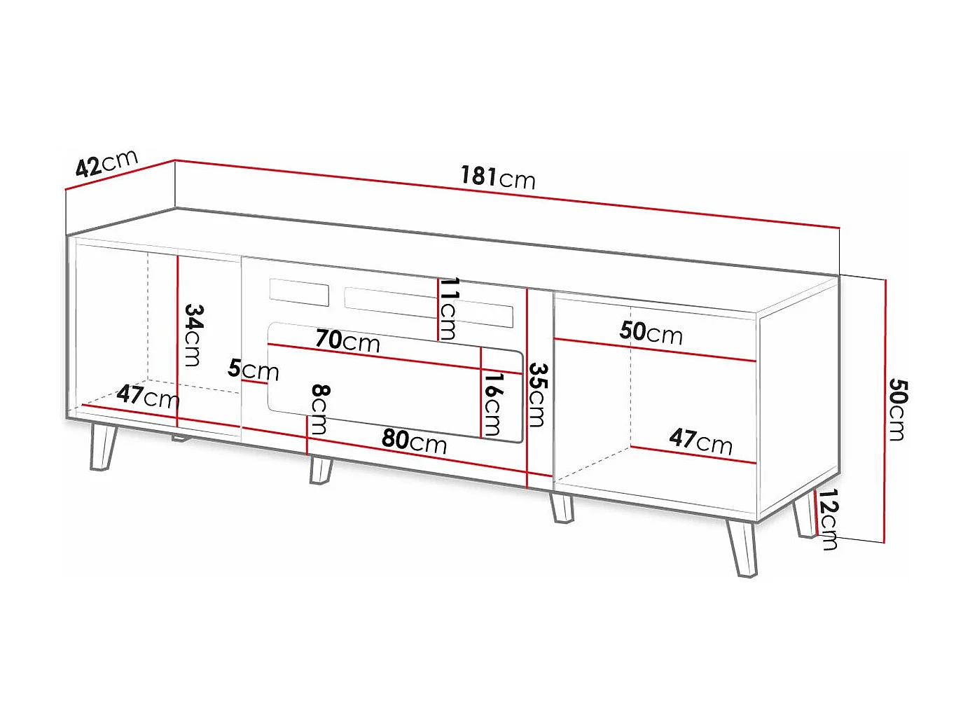 Mueble TV Charlotte H106, Negro|Dorado, Número de puertas: 2.00, 181x49x40cm