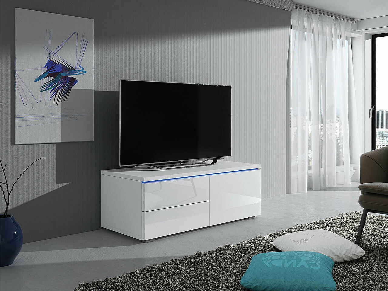 Mueble TV Nashville 130, Blanco brillante|Blanco, Número de puertas: 1.00, 100x35x45cm