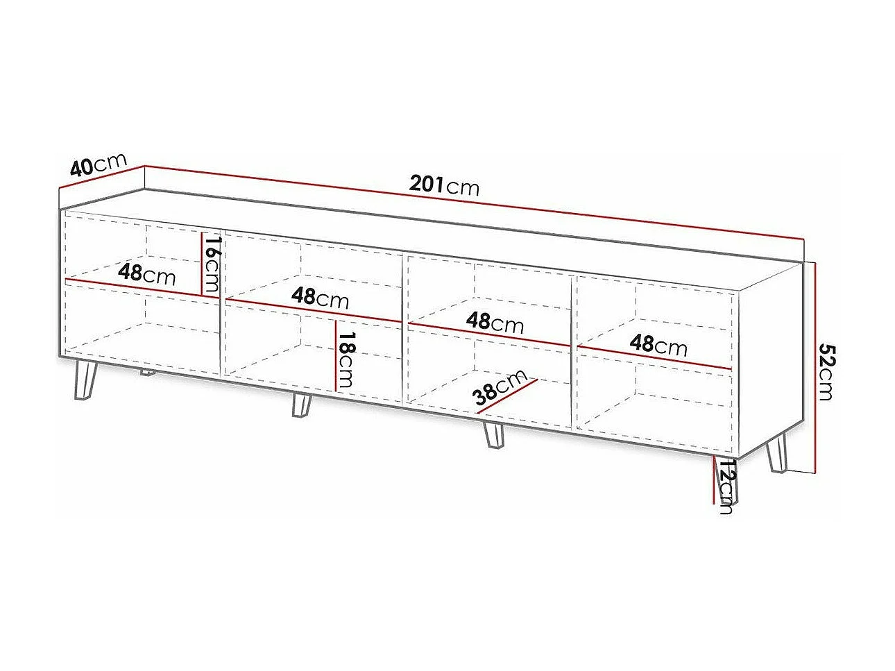 Mueble TV Charlotte H103, Blanco, Número de puertas: 4.00, 201x52x40cm