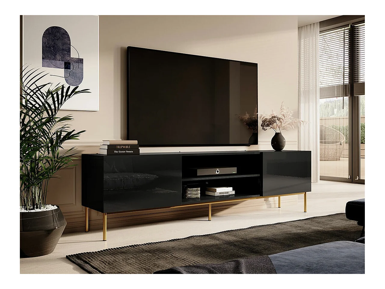 Mueble TV Charlotte 166, Dorado|Negro brillante|Negro, Número de puertas: 2.00, 200x57cm