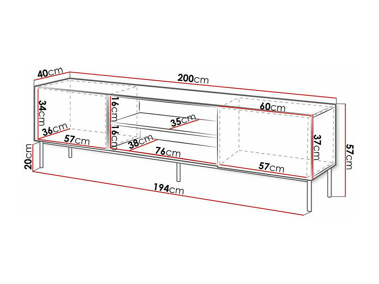 Mesa para TV Charlotte 166, O número de portas: 2, 200x57x40cm