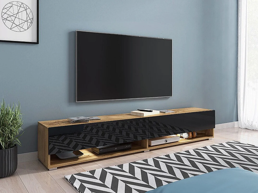 Mueble TV Sarasota 119, Wotan roble|Negro brillante, Número de puertas: 2.00, 180x30x33cm