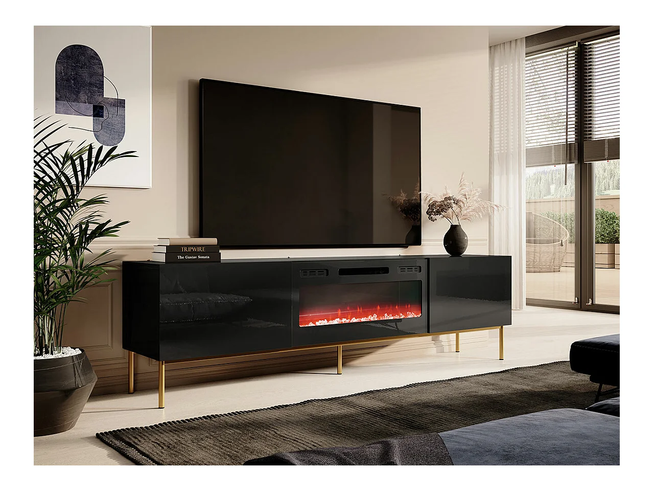 Mobile porta TV Charlotte 163, Nero lucido|Nero|D'oro, Il numero di porte: 2.00, 200x57cm