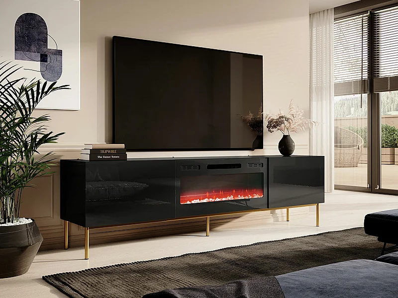 Mueble TV Charlotte 163, Negro|Dorado|Negro brillante, Número de puertas: 2.00, 200x57cm