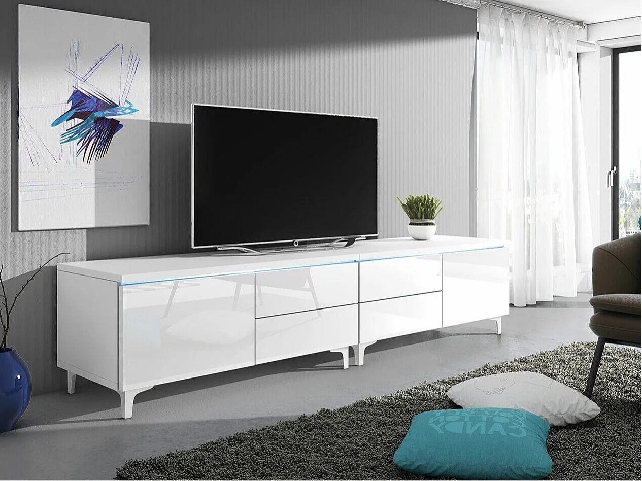Meuble TV Nashville 128, Blanc|Blanc brillant, Le nombre de portes: 2, 200x43x45cm