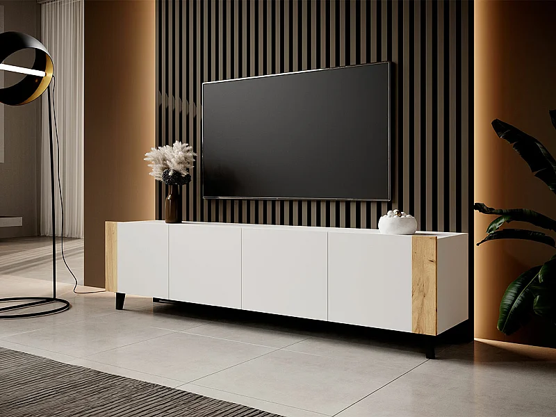 Meuble TV Charlotte 184, Craft chêne|Blanc, Le nombre de portes: 4, 201x53x42cm