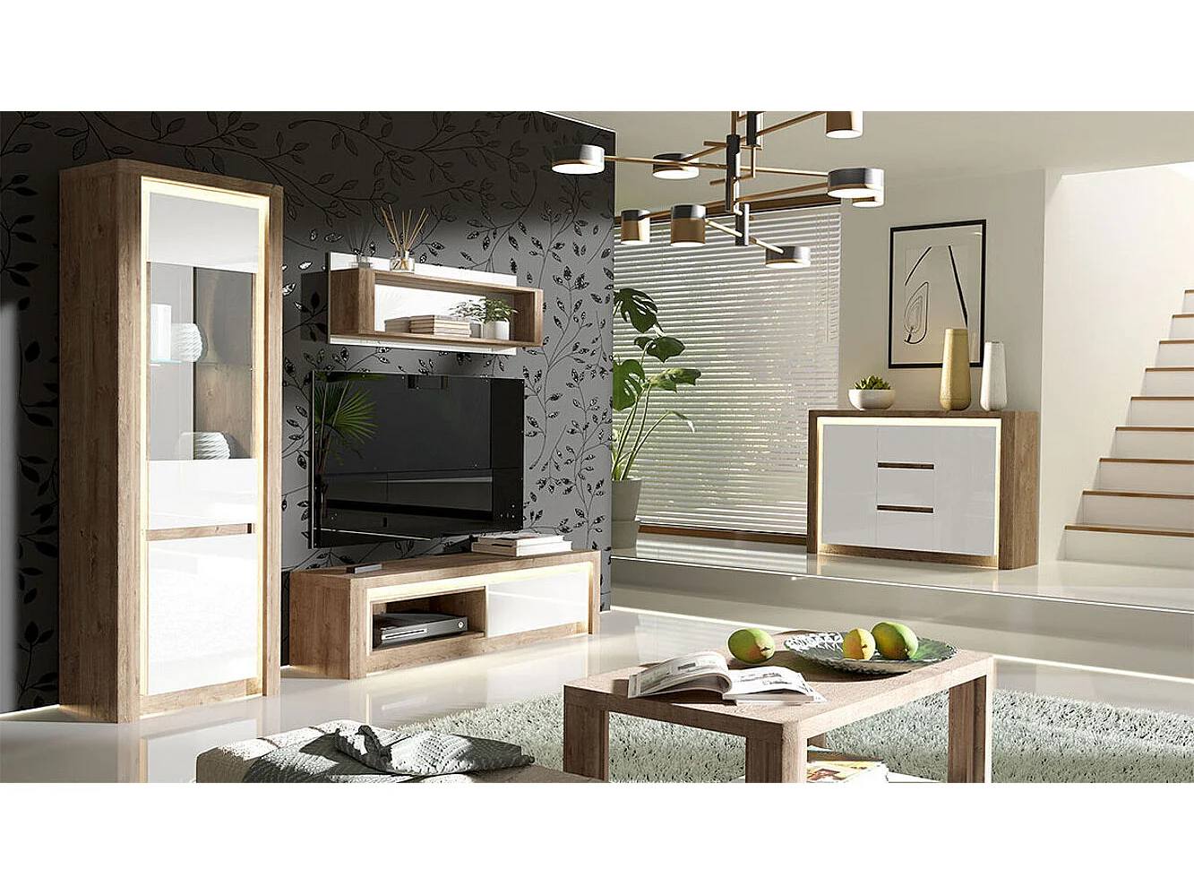 Mueble TV Stanton G109, Ribbeck roble|Blanco brillante, Número de cajones: 1.00, 124x42cm