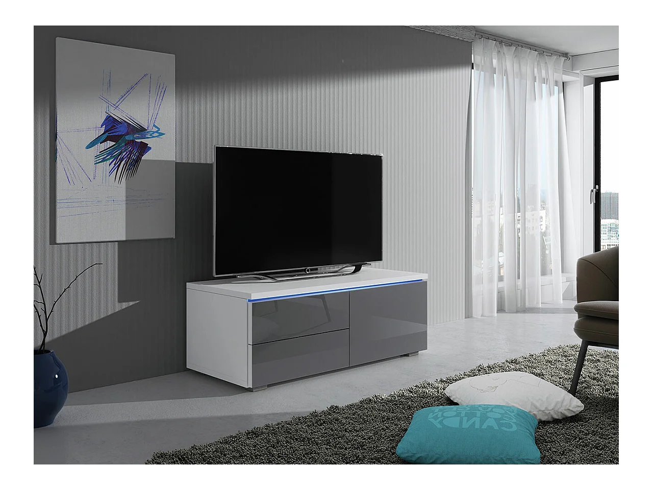 Mueble TV Nashville 130, Gris brillante|Blanco, Número de puertas: 1.00, 100x35x45cm