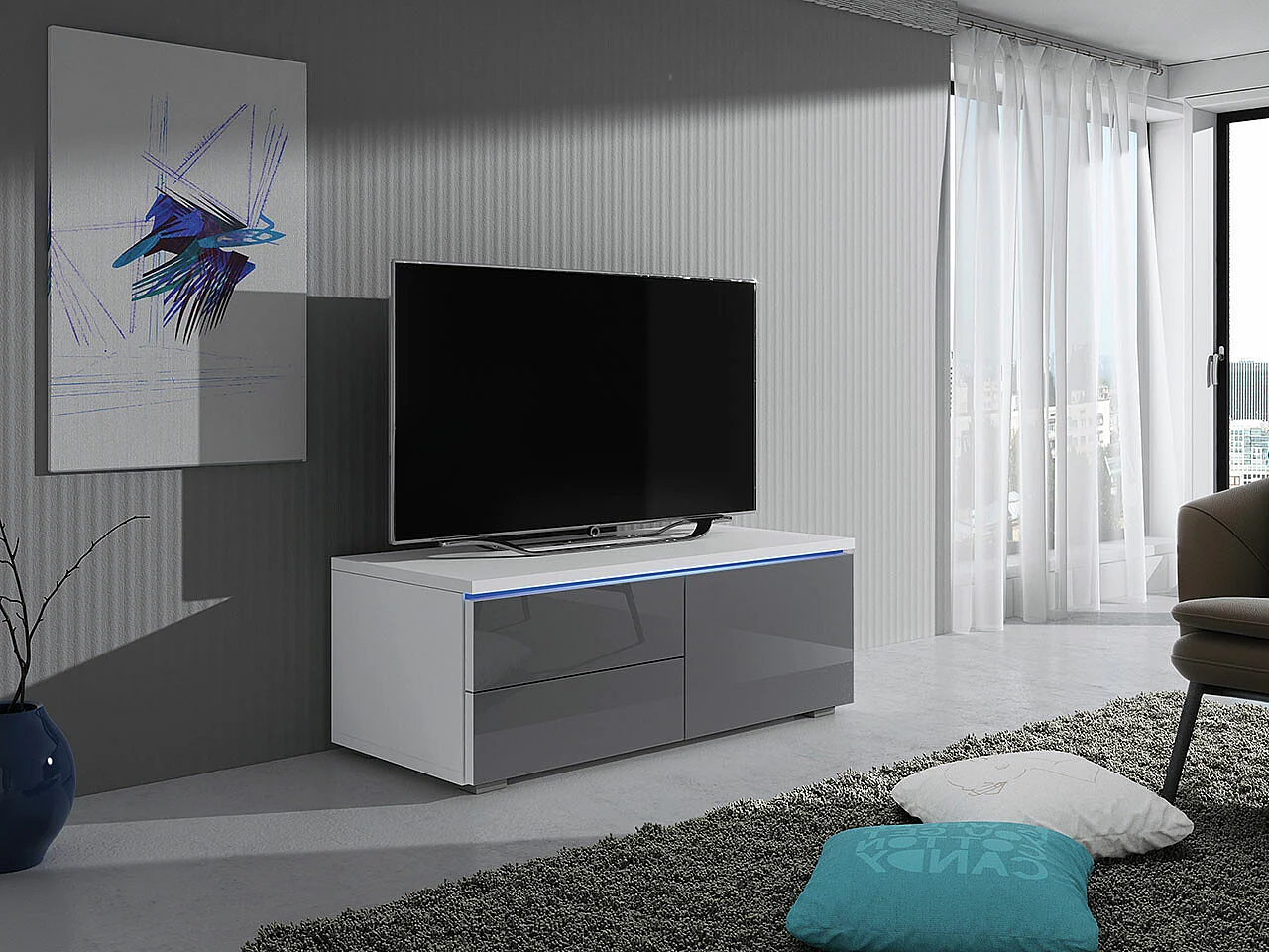 Mueble TV Nashville 130, Gris brillante|Blanco, Número de puertas: 1.00, 100x35x45cm