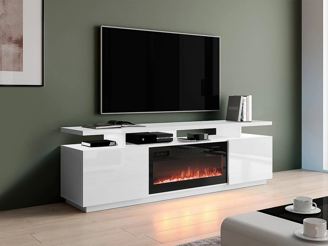 Mueble TV Charlotte 151, Negro|Blanco|Blanco brillante, Número de puertas: 2.00, 180x56cm