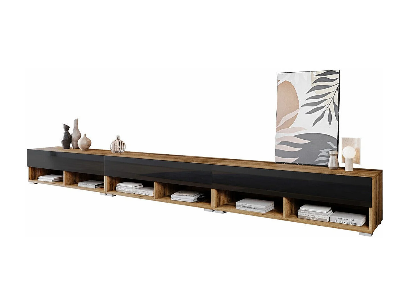 Mueble TV Sarasota 144, Negro brillante|Wotan roble, Número de puertas: 3.00, 300x30x33cm