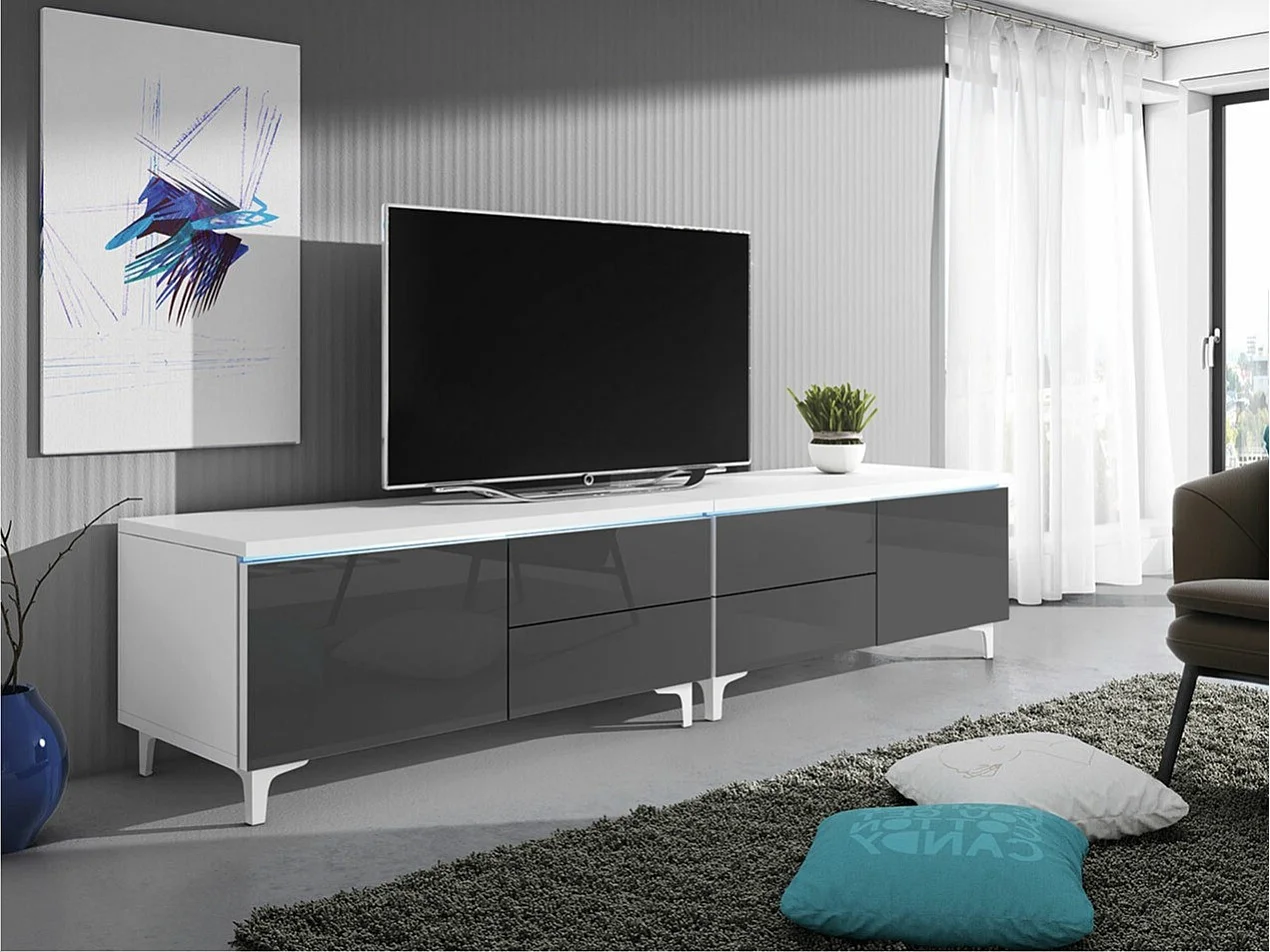 Meuble TV Nashville 128, Gris brillant|Blanc, Le nombre de portes: 2, 200x43x45cm