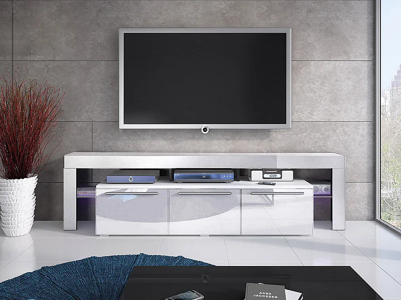 Meuble TV Nashville 103, Blanc brillant|Blanc, Le nombre de portes: 3, 200x55x45cm