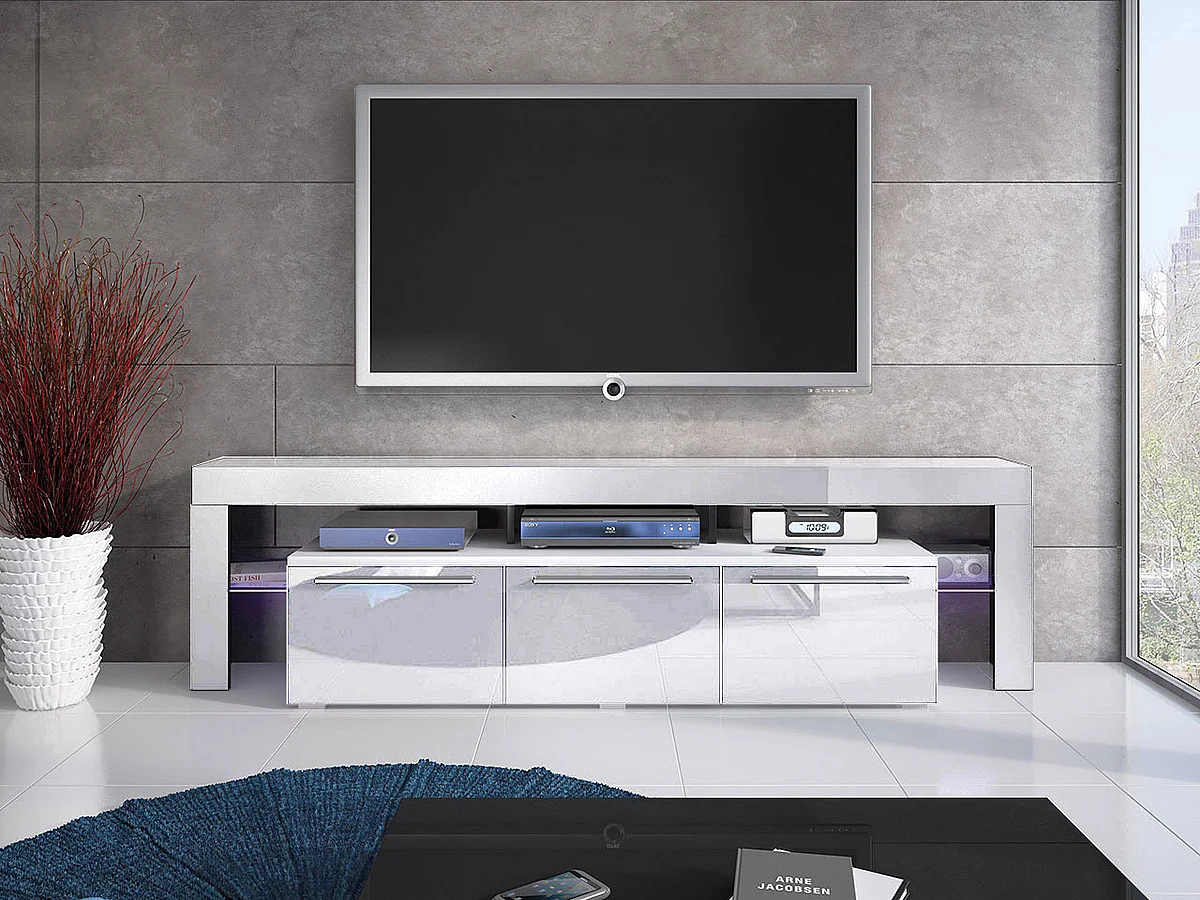 Meuble TV Nashville 103, Blanc brillant|Blanc, Le nombre de portes: 3, 200x55x45cm
