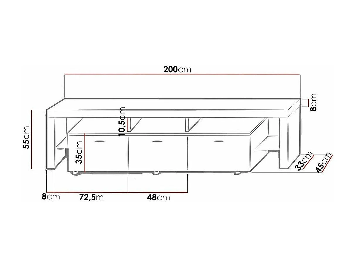 Meuble TV Nashville 103, Blanc brillant|Blanc, Le nombre de portes: 3, 200x55x45cm
