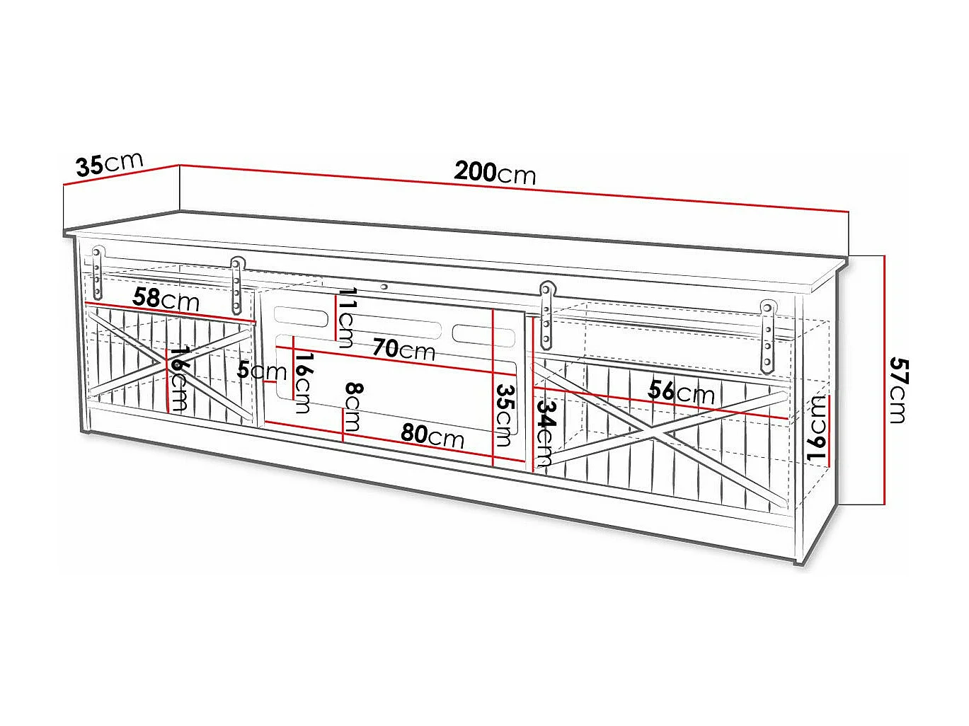 Meuble TV Charlotte 165, Blanc|Blanc brillant|Noir, Le nombre de portes: 2, 200x57x35cm