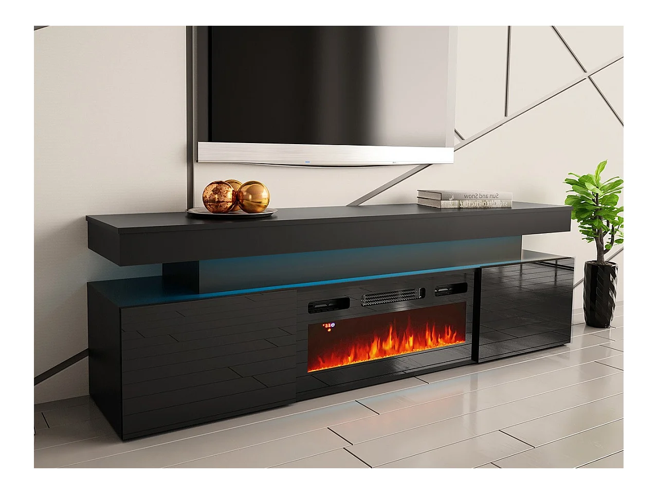Mueble TV Merced N104, Negro|Negro brillante, 190x59x41cm