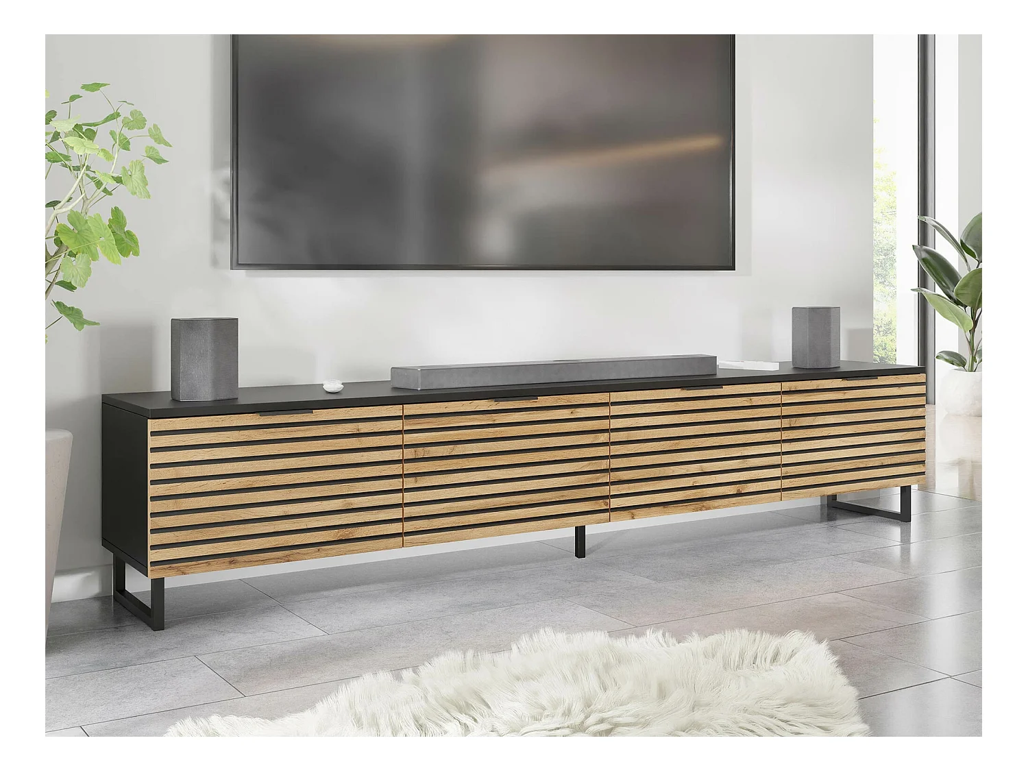 Meuble TV Levsoni 103, Graphite|Chêne wotan, 200x40x33cm