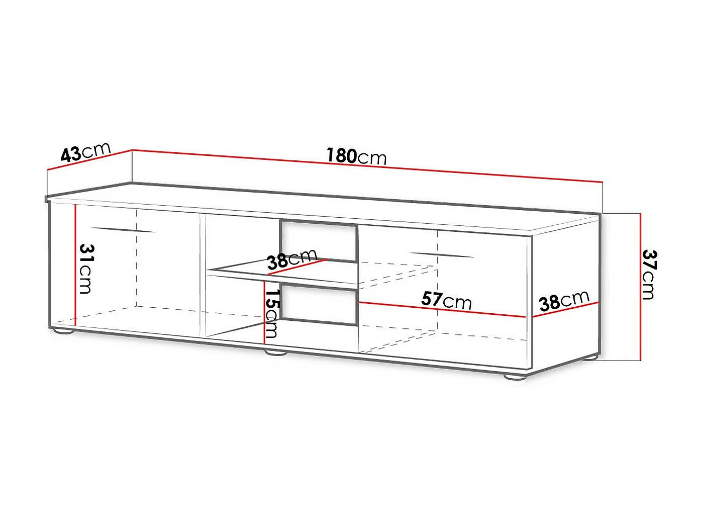Mesa para TV Charlotte E101, O número de portas: 2, 180x37x43cm