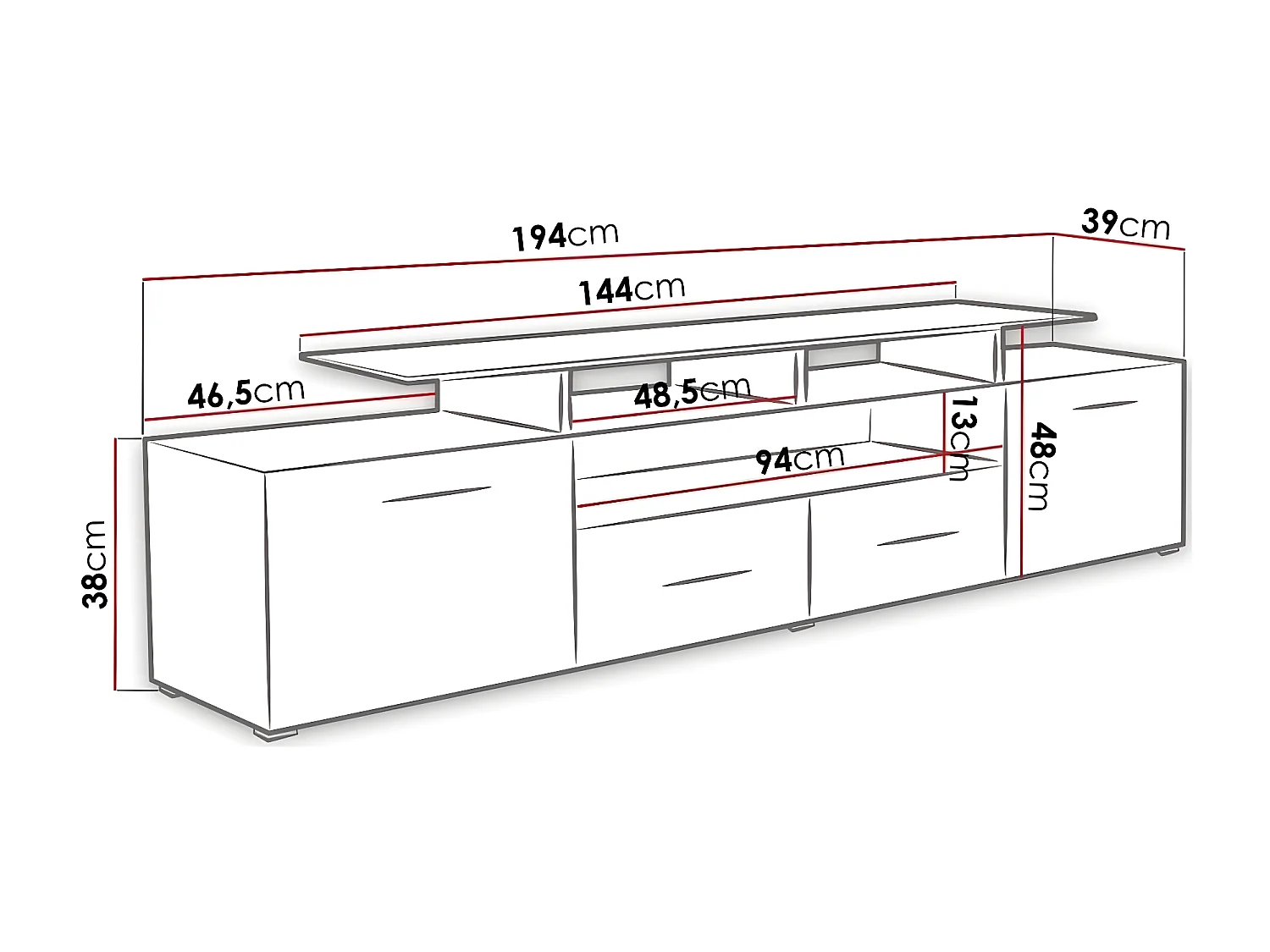 Mueble TV Charlotte 117 (Blanco + Blanco brillante Si  , Blanco brillante|Blanco, 194cm