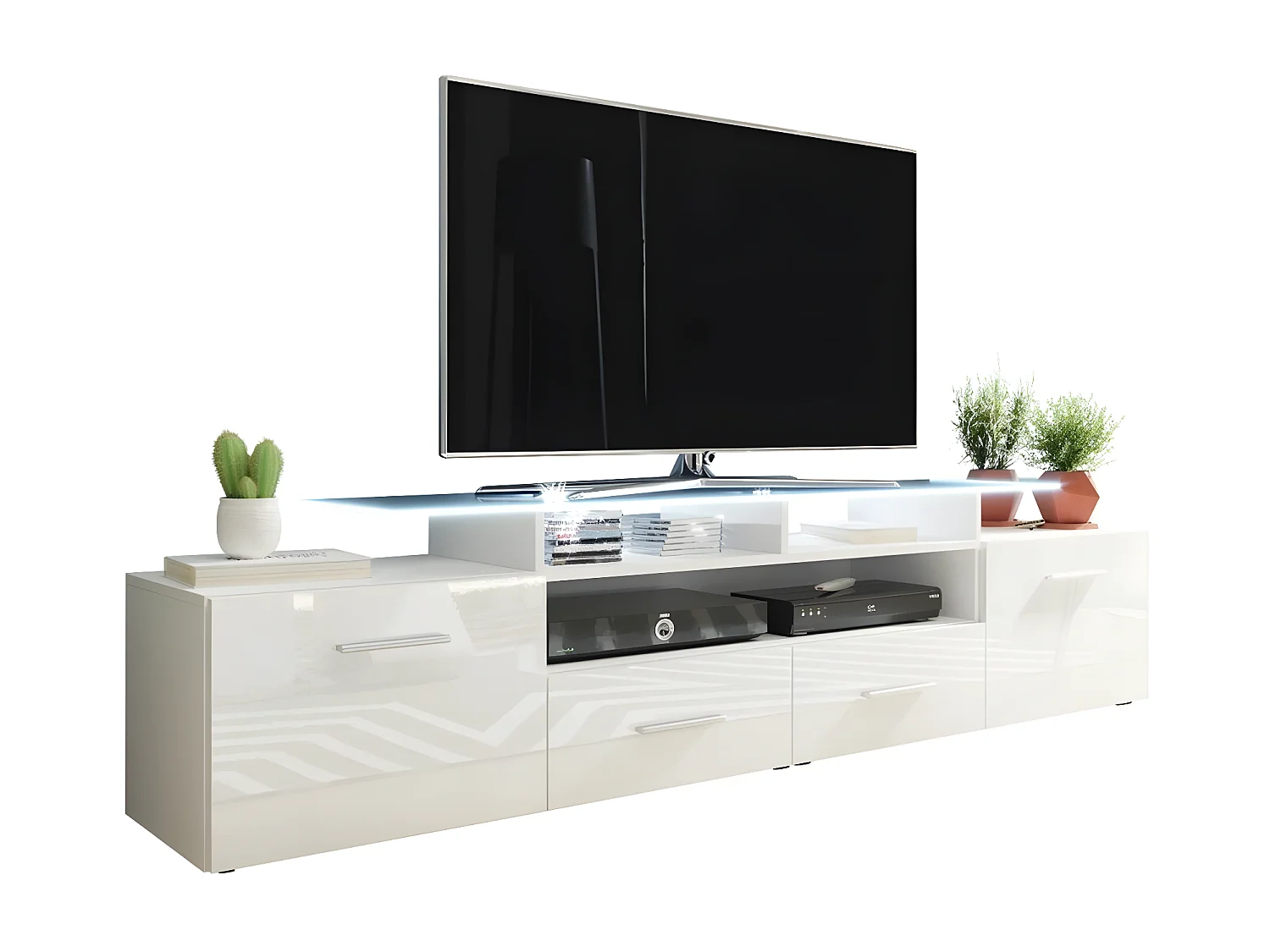 Meuble TV Charlotte 117, Blanc brillant|Blanc, Le nombre de portes: 2, 194x38x39cm