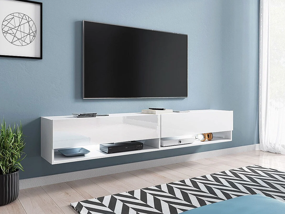 Meuble TV Sarasota 119, Blanc|Blanc brillant, Le nombre de portes: 2, 180x30x33cm
