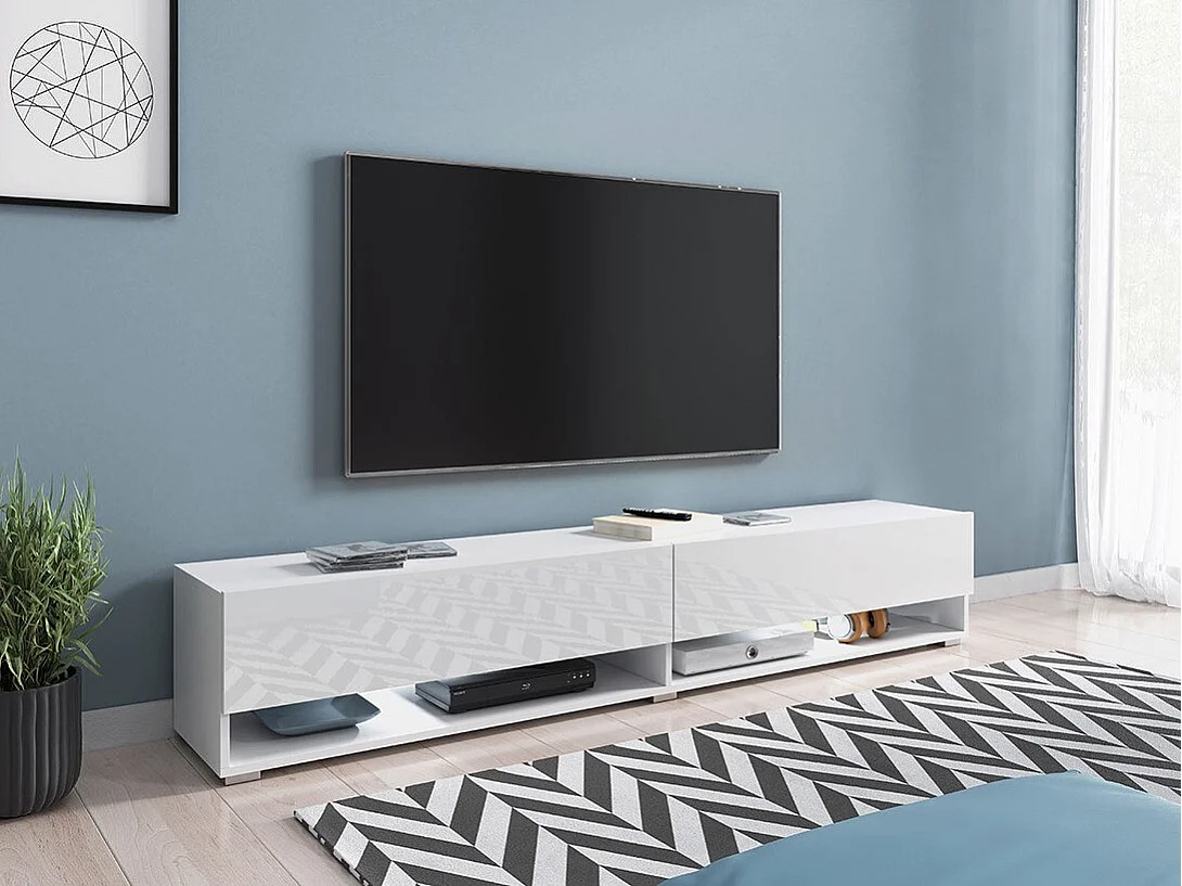 Meuble TV Sarasota 119, Blanc|Blanc brillant, Le nombre de portes: 2, 180x30x33cm
