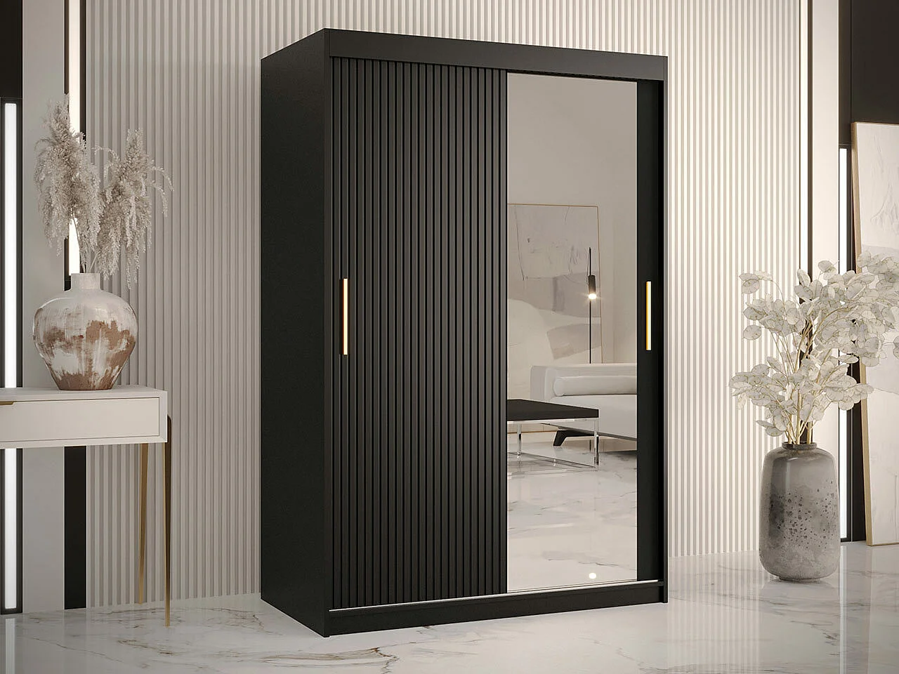 Armoire Hartford 401, Noir, 200x120x62cm, Portes d'armoire: Coulissantes