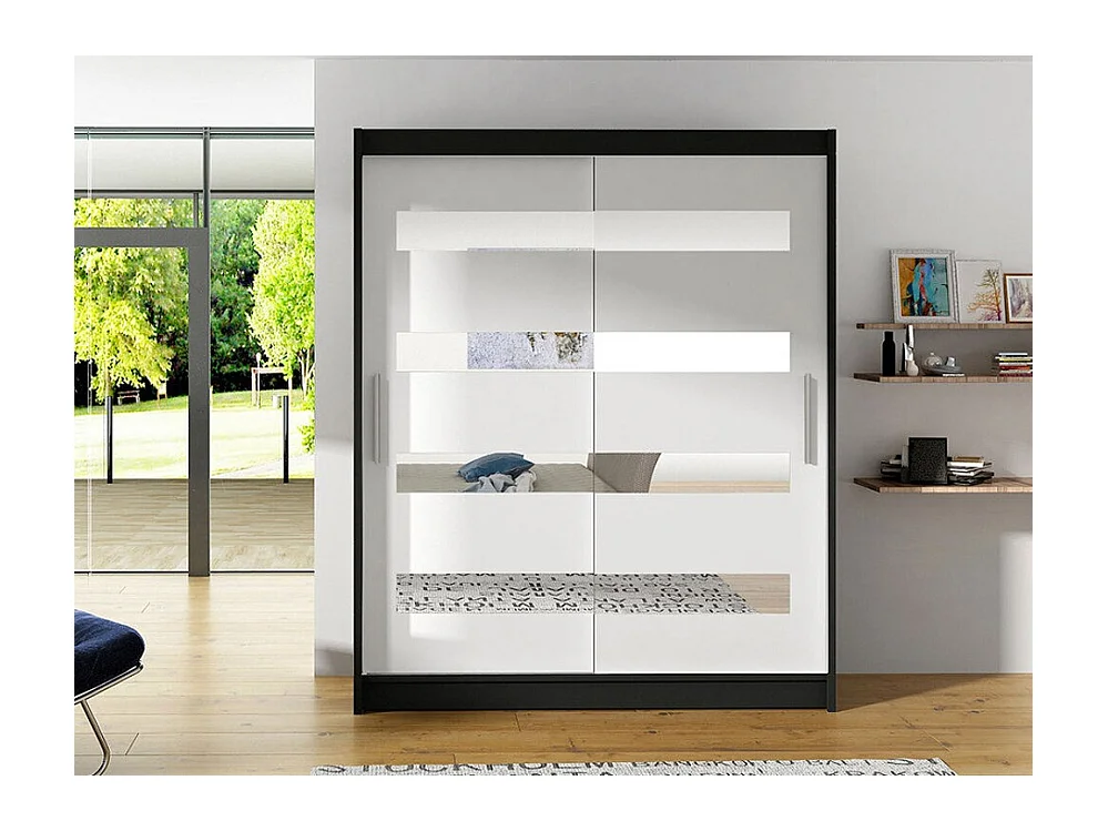 Armoire Closico 136, Noir|Blanc, 200x150x58cm, Portes d'armoire: Coulissantes