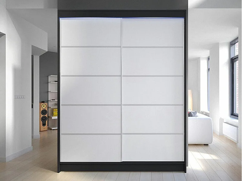 Armoire Closico 145, Noir|Blanc, 200x150x58cm, Portes d'armoire: Coulissantes