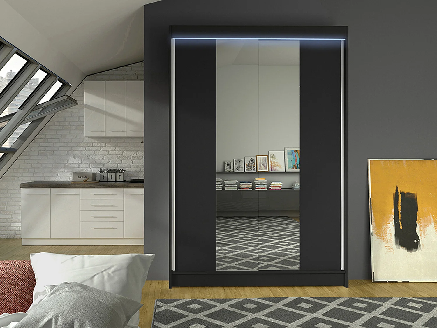 Armoire Closico 148, Noir, 200x120x58cm, Portes d'armoire: Coulissantes