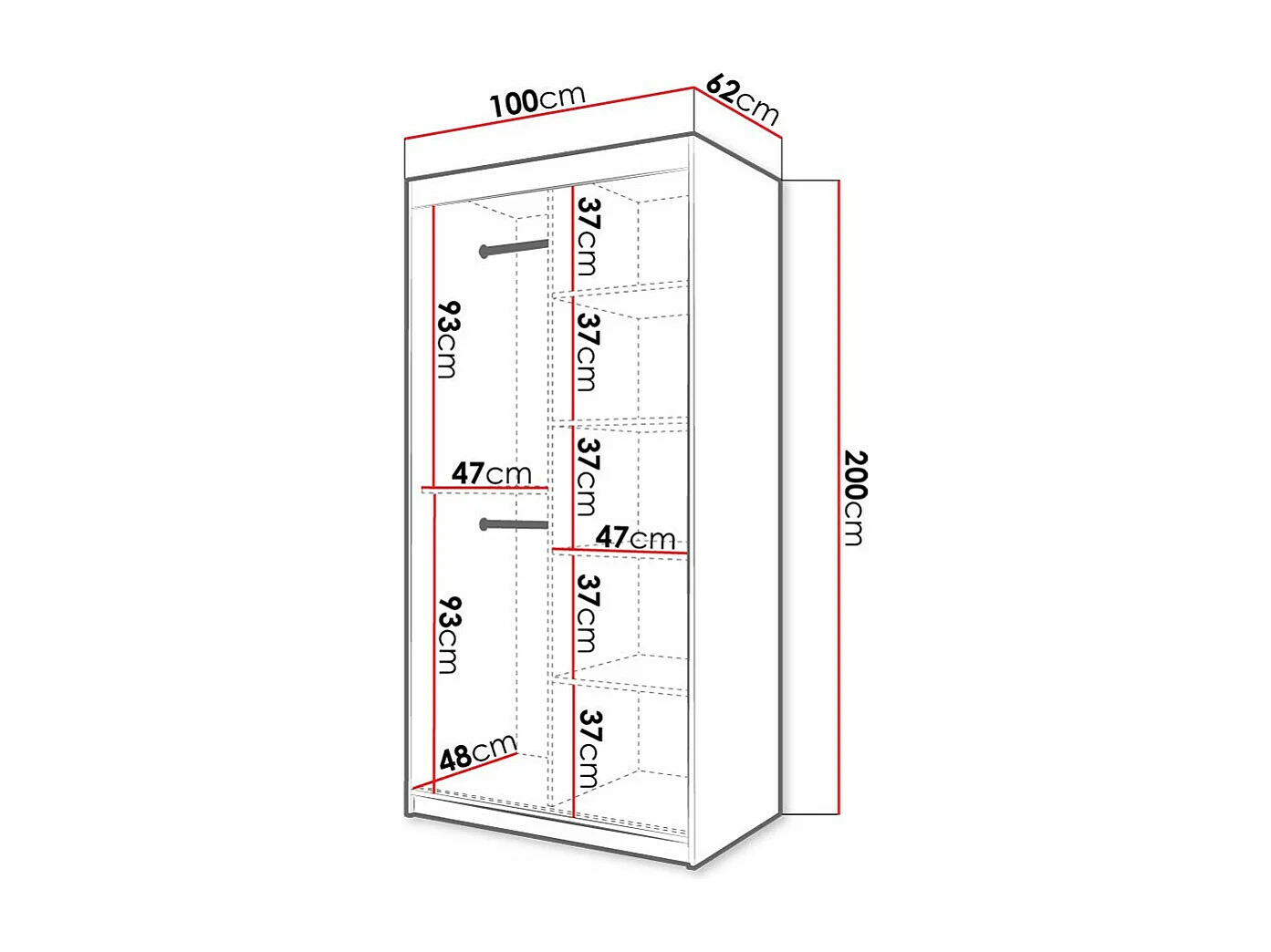 Armoire Elblaru 100, Blanc, 200x100x62cm, Portes d'armoire: Coulissantes
