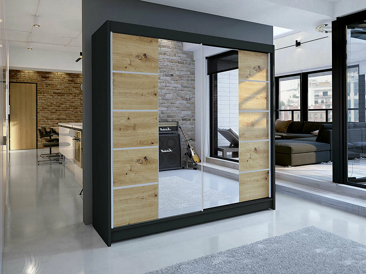 Armoire Closico 154, Noir|Chêne Artisan, 215x180x58cm, Portes d'armoire: Coulissantes