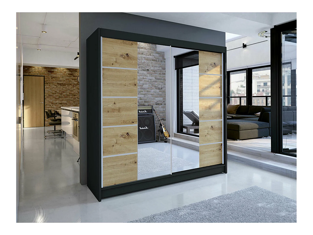 Guardaroba Closico 154, Rovere Artisan|Nero, 215x180x58cm, Porte guardaroba: Scorrevoli