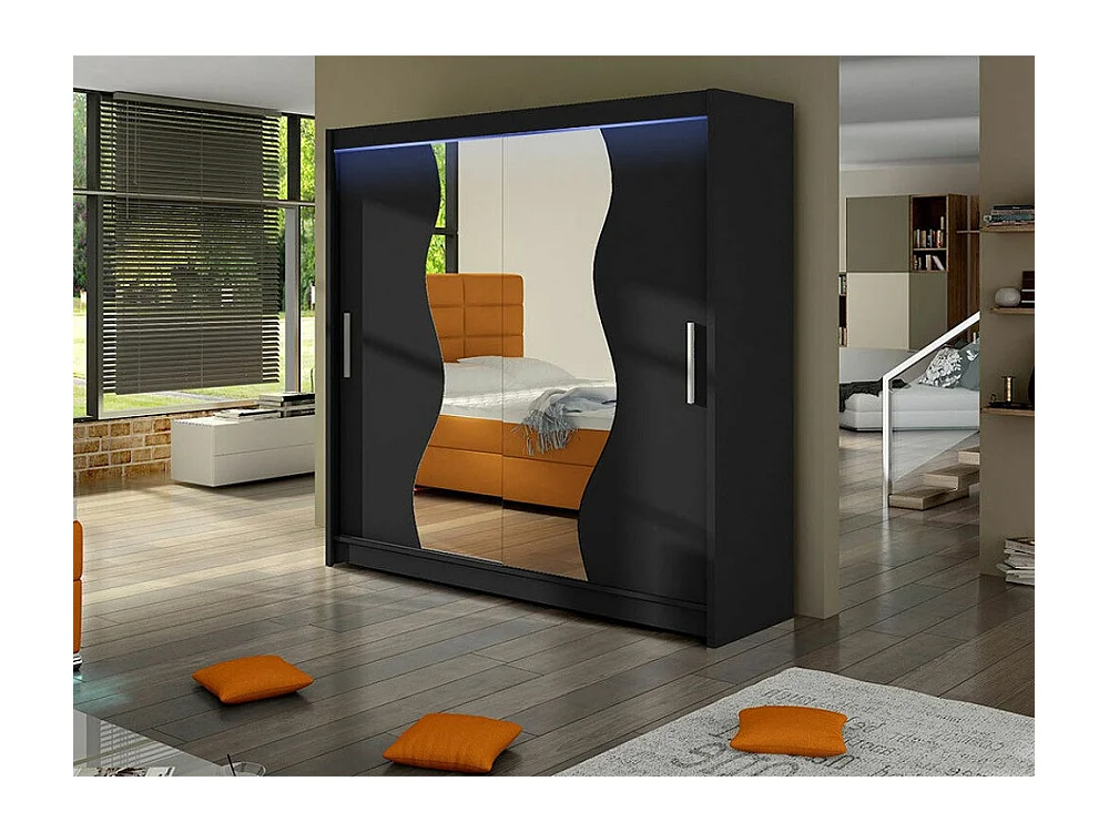 Armoire Closico 126, Noir, 215x180x58cm, Portes d'armoire: Coulissantes