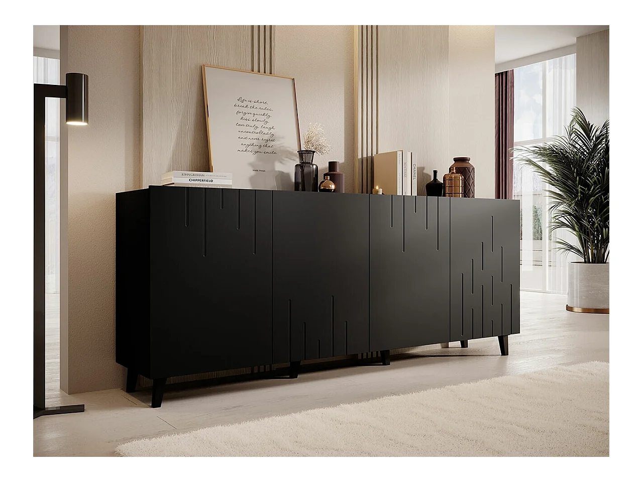 Buffet Charlotte 175, Noir, 82x200cm, Le nombre de portes: 442cm, Stratifié|MDF