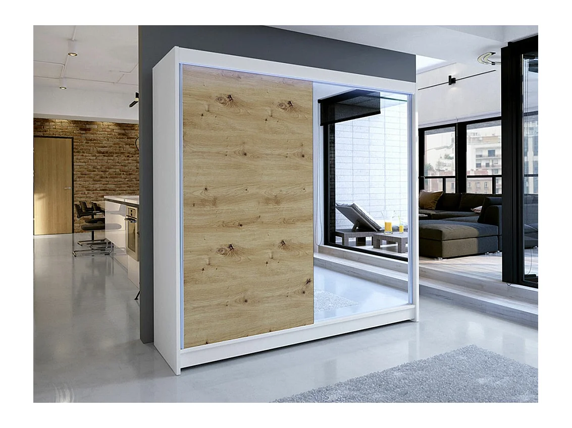 Armoire Closico 137, Chêne Artisan|Blanc, 215x180x58cm, Portes d'armoire: Coulissantes
