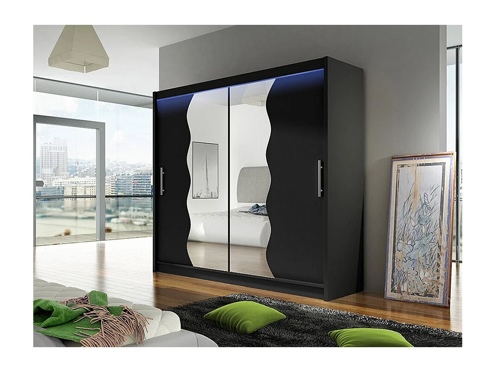 Armoire Closico 125, Noir, 215x180x57cm, Portes d'armoire: Coulissantes