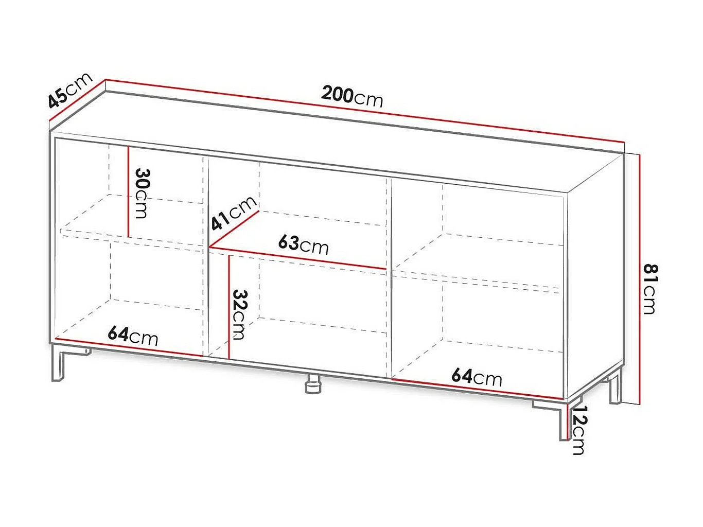 Buffet Charlotte 158, Marbre noir|Noir, 81x200cm, Le nombre de portes: 345cm, Stratifié